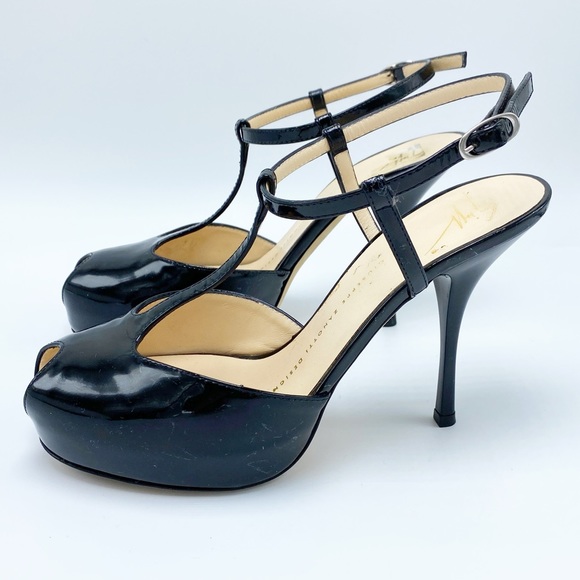 Giuseppe Zanotti size 37 Classic Black Patent Leather Peep- Toe Platform Sandal - Picture 2 of 10